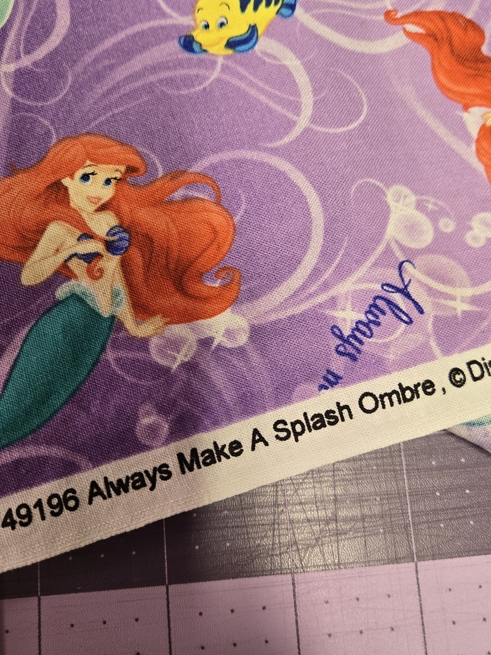 Disney Ariel Always Make a Splash Purple Ombre Cotton Fabric 2 Yards 20" - Picture 3 of 7